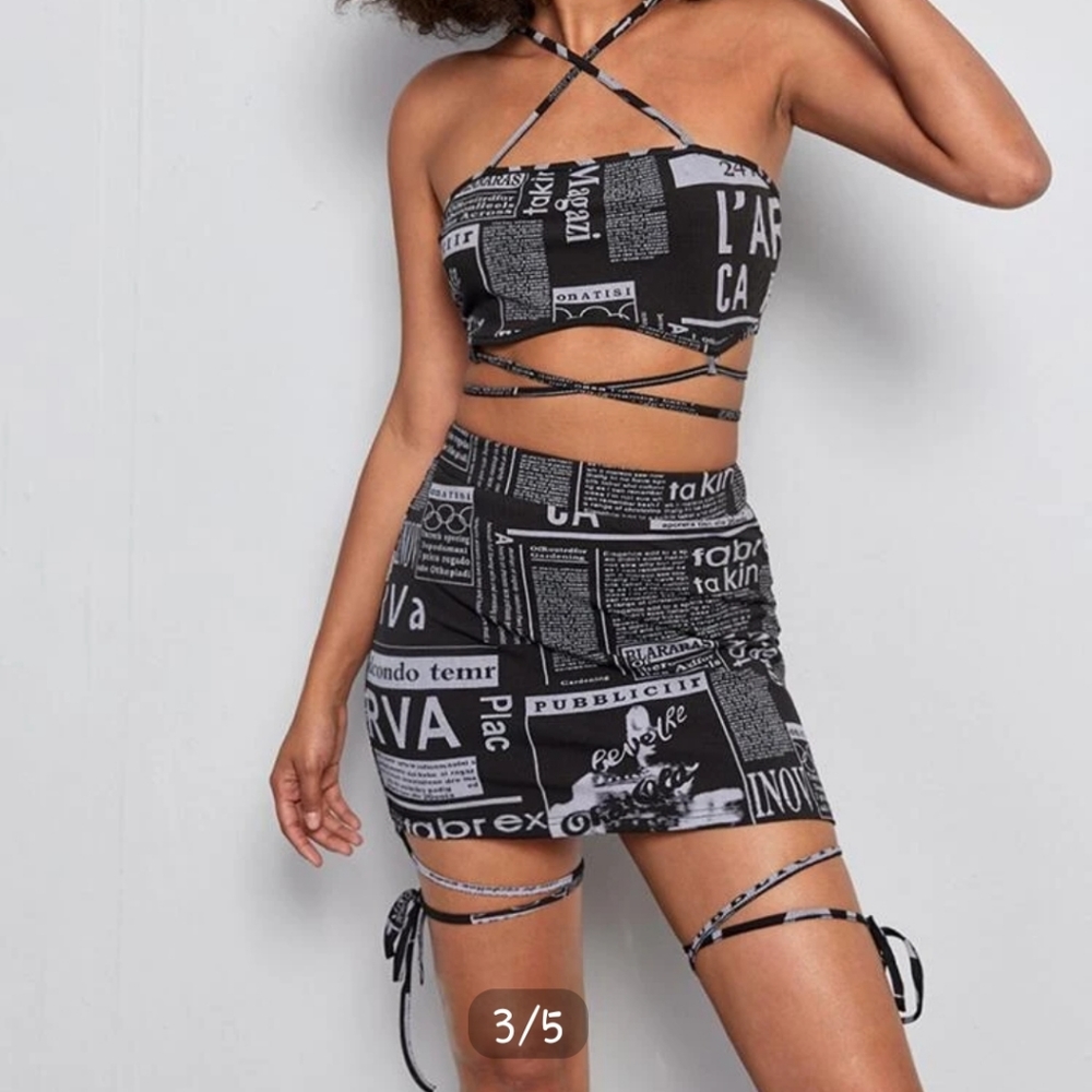 Newspaper print criss cross skirt and top set